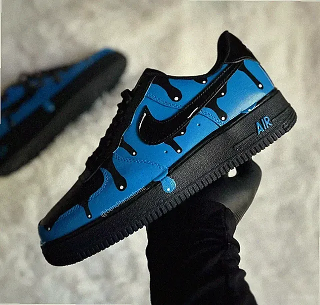Air Force 1 Custom Drip Shoes, Blue & Black Colorway Sneakers, Mens Womens Kids