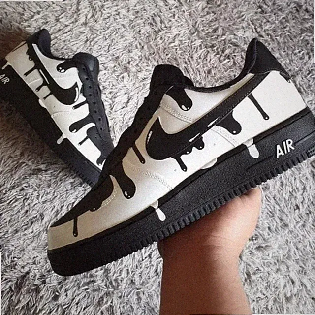 Air Force 1 Custom Drip Shoes, White & Black Colorway Sneakers, Mens Womens Kids