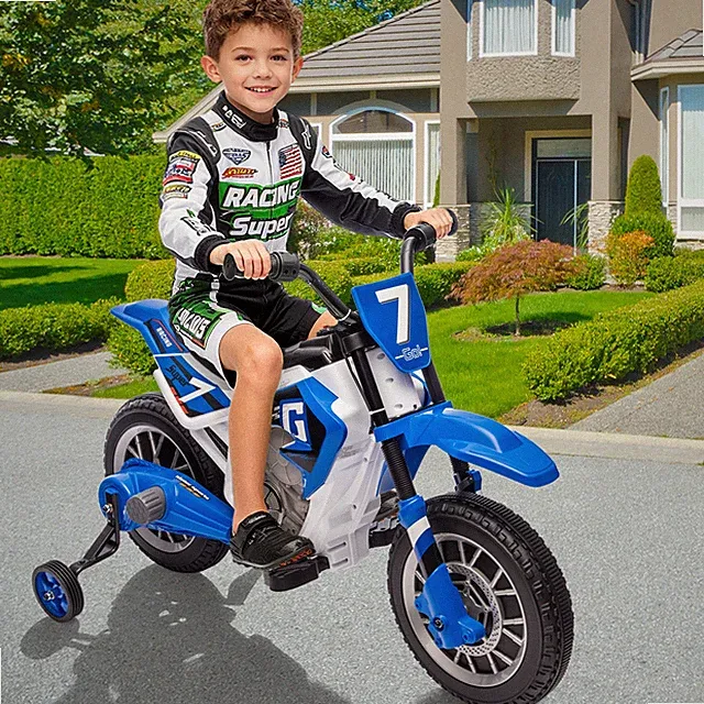 Electric 12V Blue Kids Ride On Motorcycle Bike Motorbike w/ Training Wheels