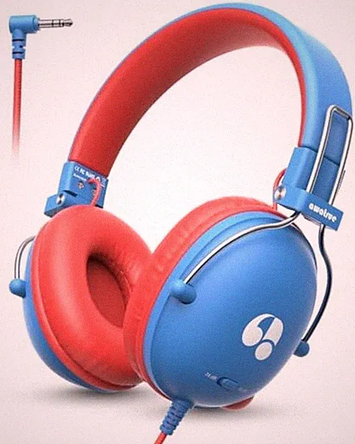 Kids Headphones, 74/85dB Safe Volume Limit, Stereo Sound, Wired On Blue-Red