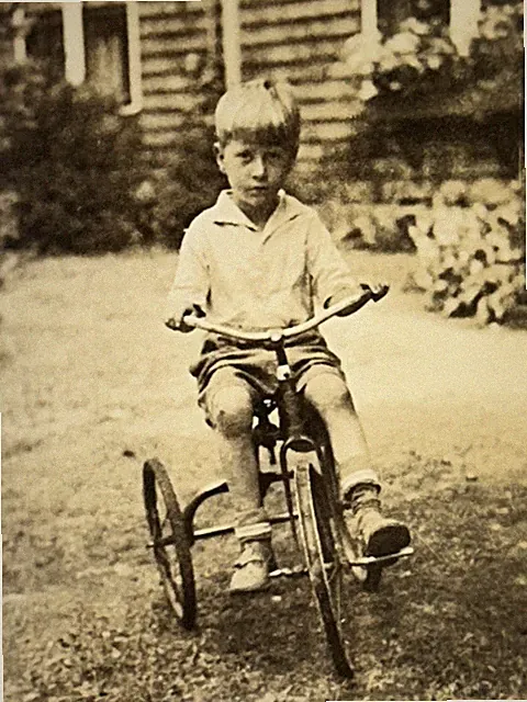 Vintage Photo Cute Little Boy Riding Tricycle Bicycle Home Grass Garden